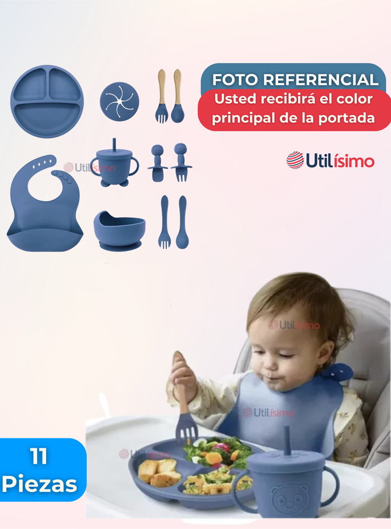 Set De Alimentación Bebé Silicona Con Vaso 11 Piezas Libre BPA Azul-5