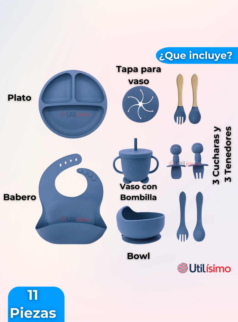 Set De Alimentación Bebé Silicona Con Vaso 11 Piezas Libre BPA Azul-6