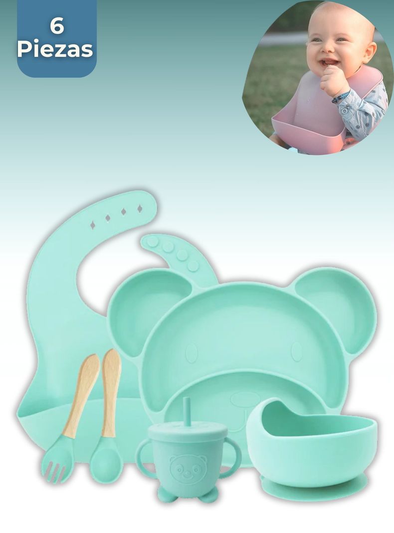Set De Alimentación Bebé Silicona 6 Piezas Libre BPA Turquesa-0