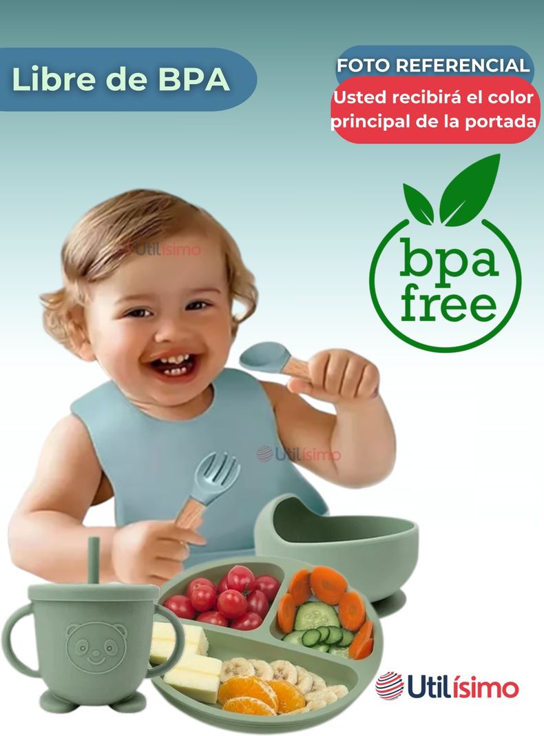 Set De Alimentación Bebé Silicona 6 Piezas Libre BPA Turquesa-2