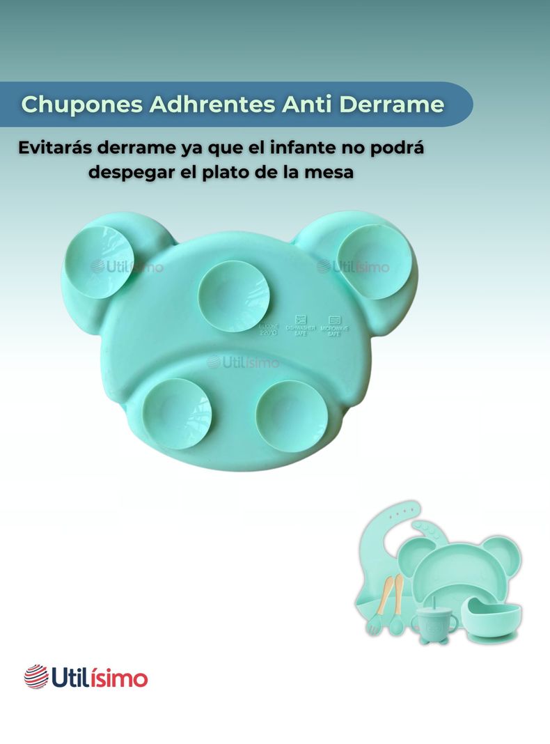 Set De Alimentación Bebé Silicona 6 Piezas Libre BPA Turquesa-6