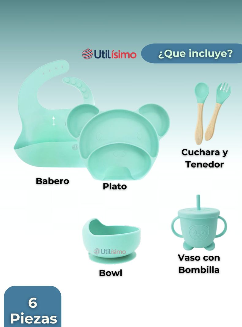 Set De Alimentación Bebé Silicona 6 Piezas Libre BPA Turquesa-7