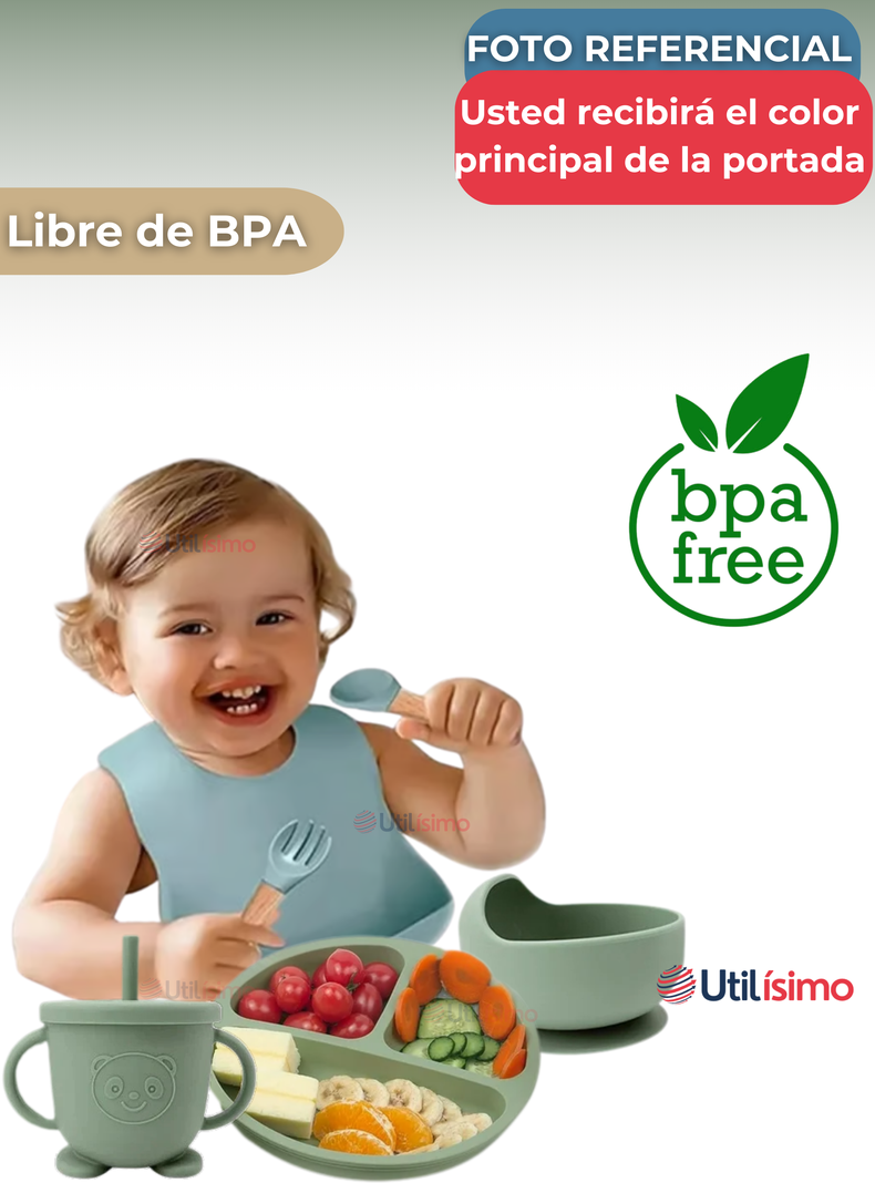 Set De Alimentación Bebé Silicona 6 Piezas Libre BPA Verde-2