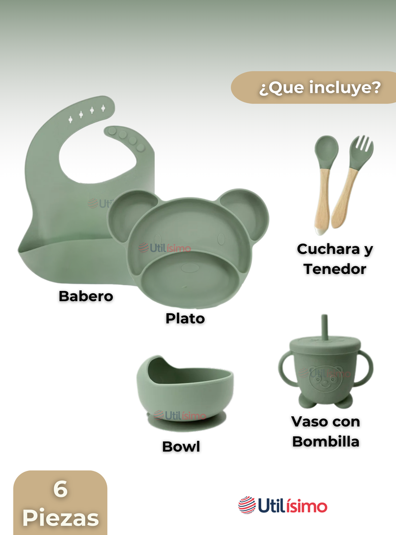 Set De Alimentación Bebé Silicona 6 Piezas Libre BPA Verde-5