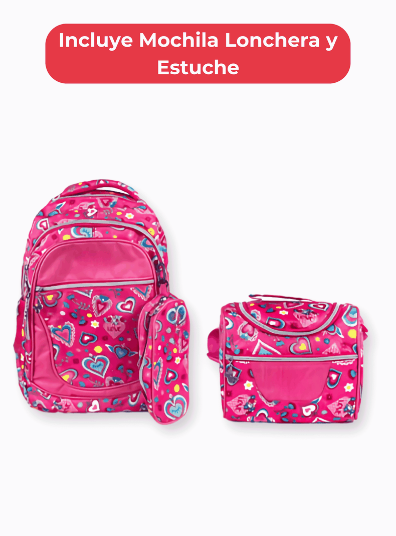 Mochila Con Lonchera Y Estuche 45CM Niña Intense Pink Hearts-2