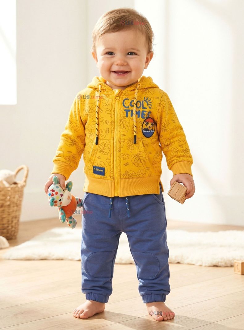 Conjunto 2 Piezas Buzo Pantalon Y Poleron Algodon Amarillo Bebe Nino 0 A 3 Meses