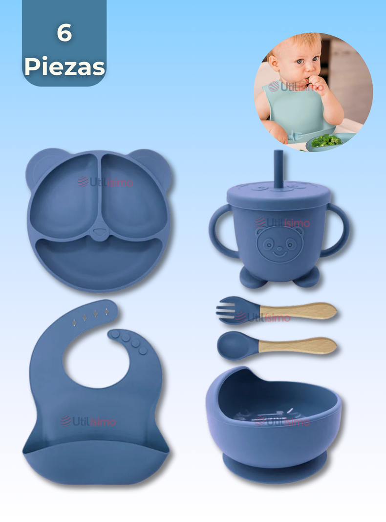 Set De Alimentación Bebé Silicona De Oso 6 Piezas Libre BPA Azul-0