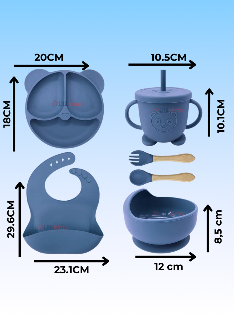Set De Alimentación Bebé Silicona De Oso 6 Piezas Libre BPA Azul-1
