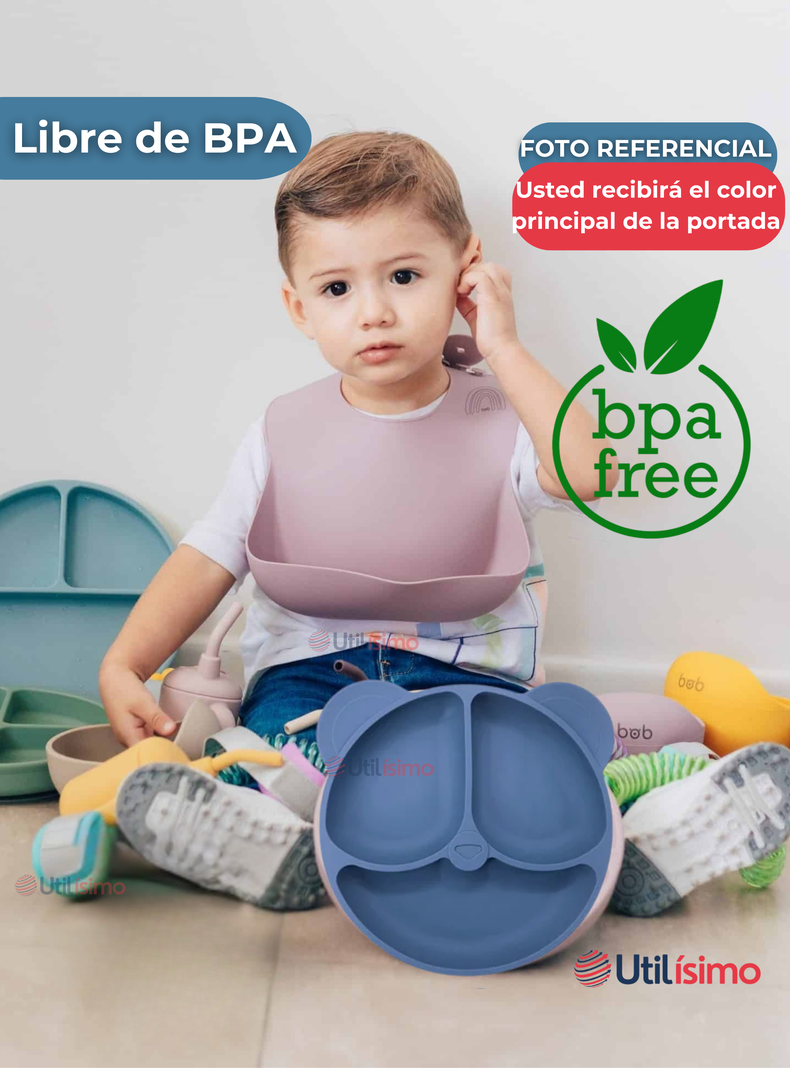 Set De Alimentación Bebé Silicona De Oso 6 Piezas Libre BPA Azul-2