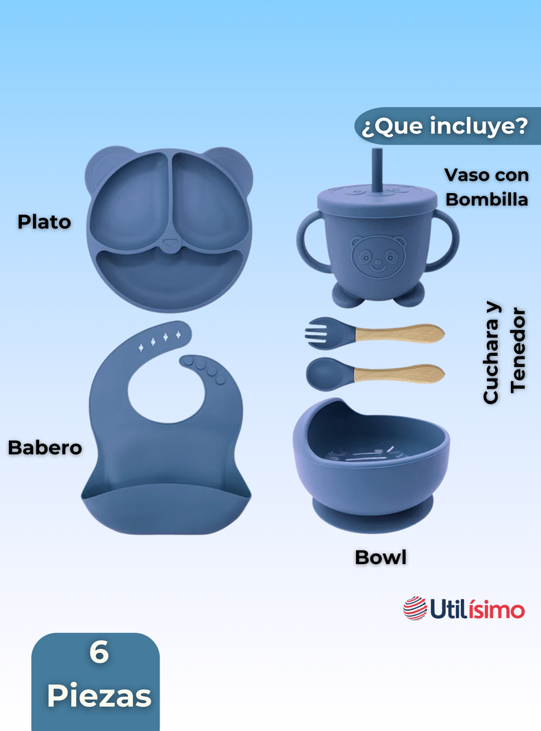 Set De Alimentación Bebé Silicona De Oso 6 Piezas Libre BPA Azul-4