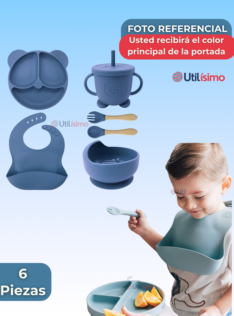 Set De Alimentación Bebé Silicona De Oso 6 Piezas Libre BPA Azul-6