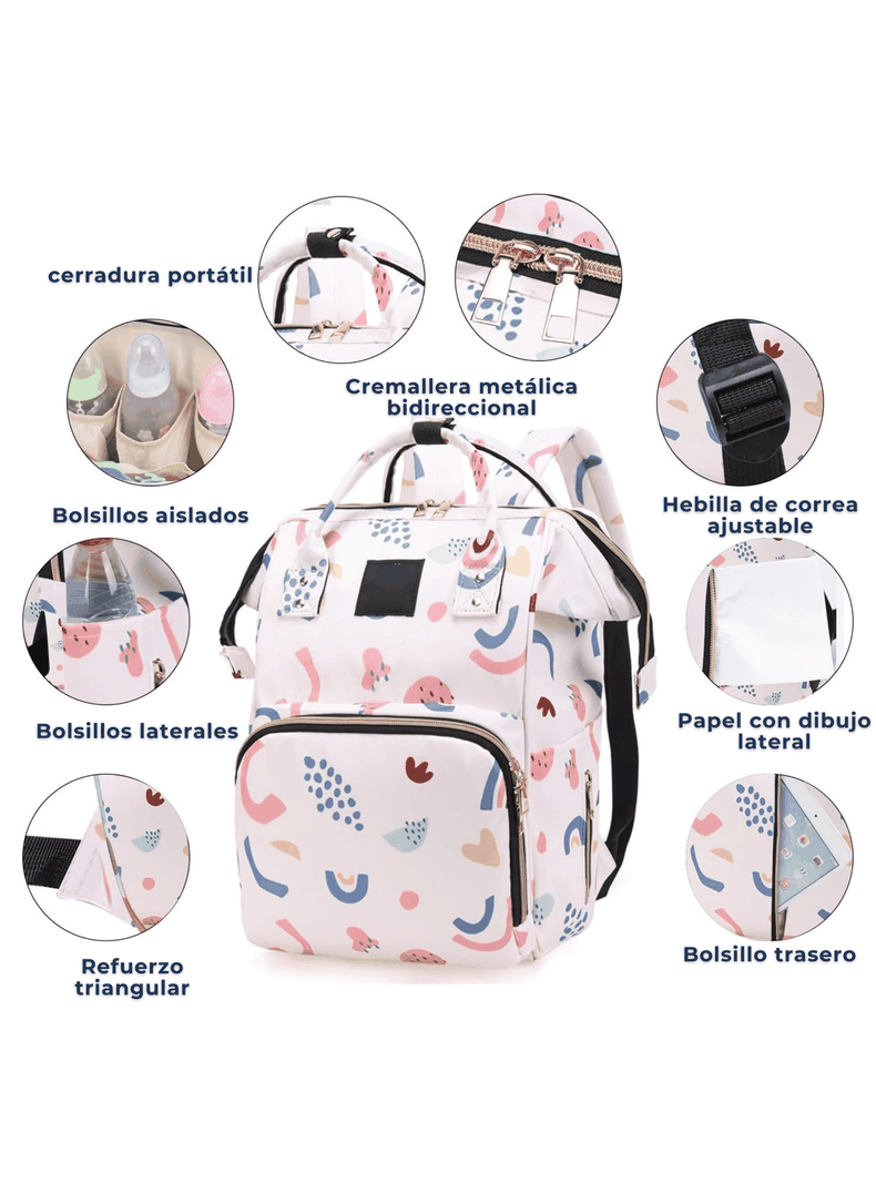 Mochila Maternal Oxford Bolso Pañalera Infantil Térmica e Impermeable White Pink-3