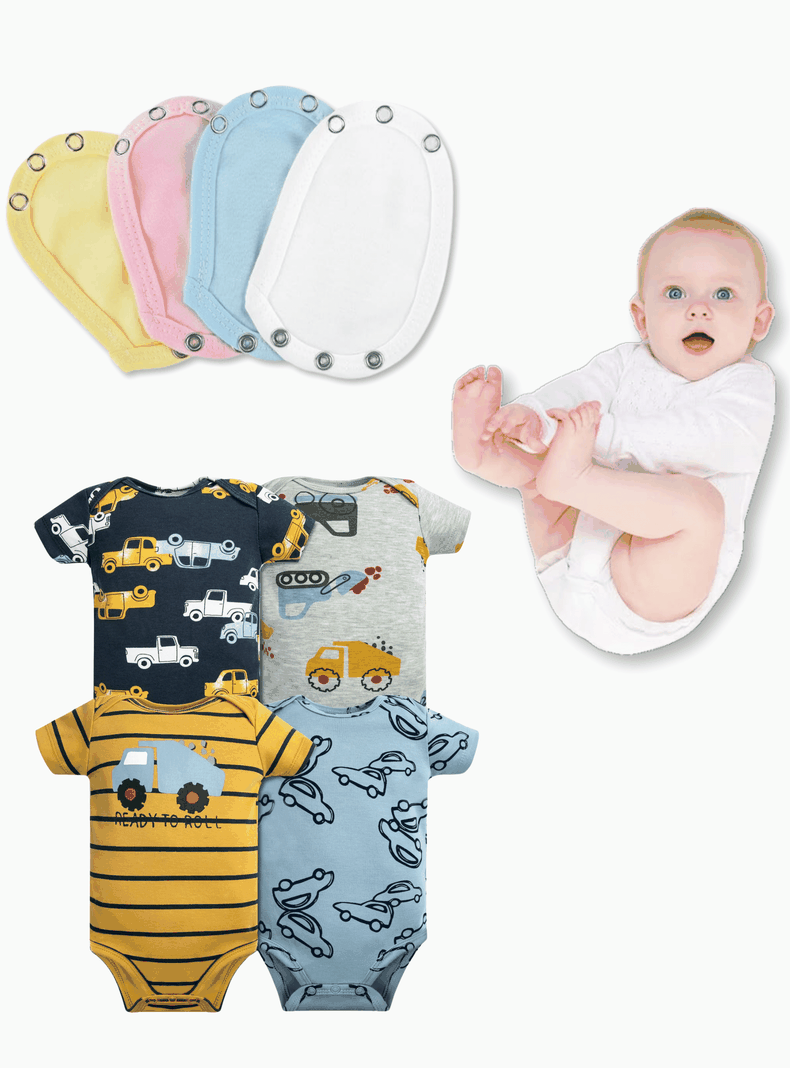 Pack 4 Unidades Extensor Body Bebé +Pack 4 Bodys Algodón Niño Manga Corta Autos Amarillos-0