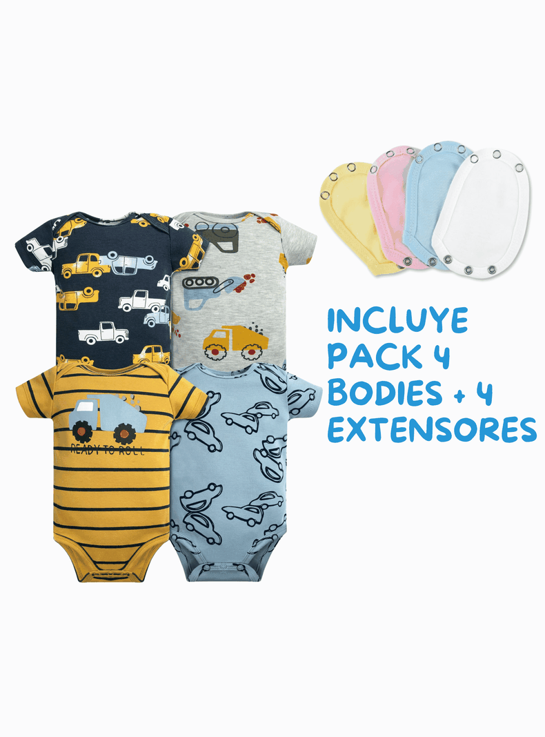 Pack 4 Unidades Extensor Body Bebé +Pack 4 Bodys Algodón Niño Manga Corta Autos Amarillos-1