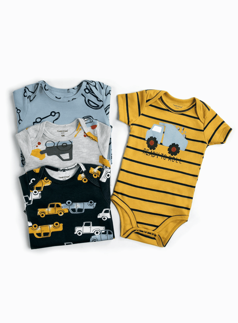 Pack 4 Unidades Extensor Body Bebé +Pack 4 Bodys Algodón Niño Manga Corta Autos Amarillos-3