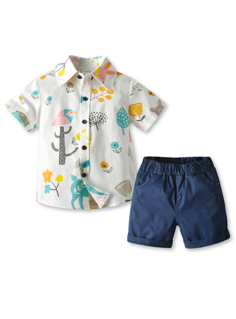 Conjunto de Vestir Nino Camisa con Estampado y Pantalon corto 9 meses a 4 anos Animal Cartoon