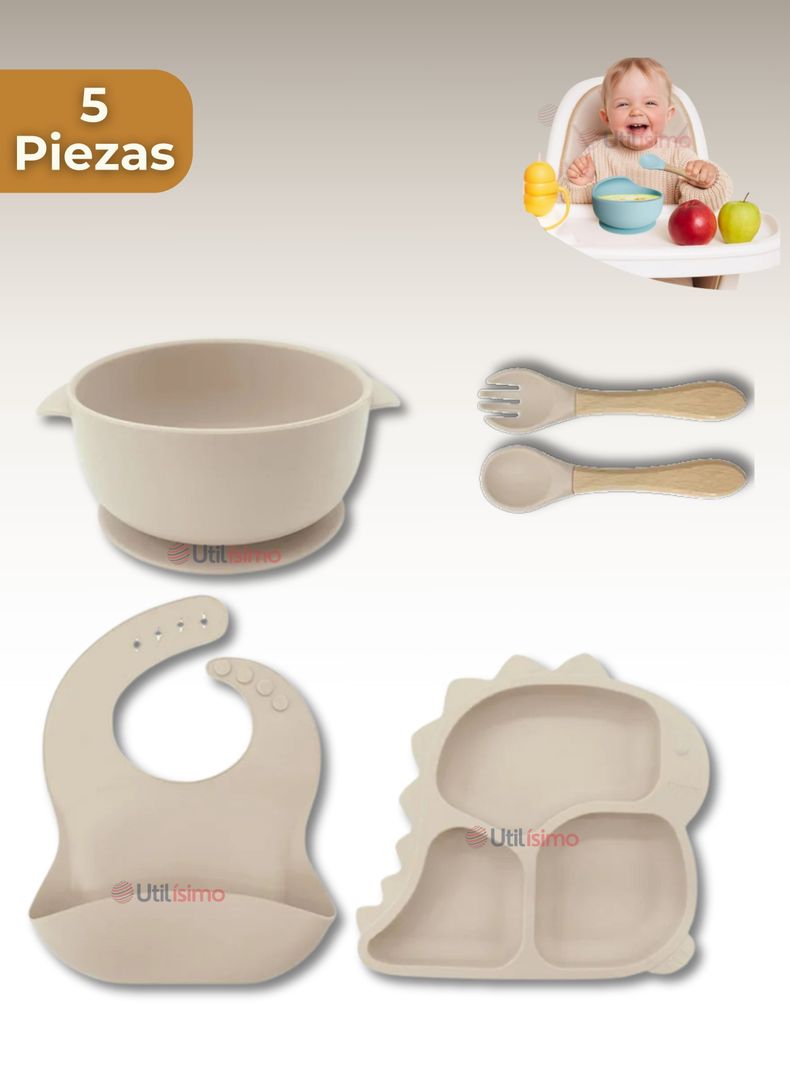 Set De Alimentación Bebé Silicona 5 Piezas Dinosaurio Libre BPA Beige-0