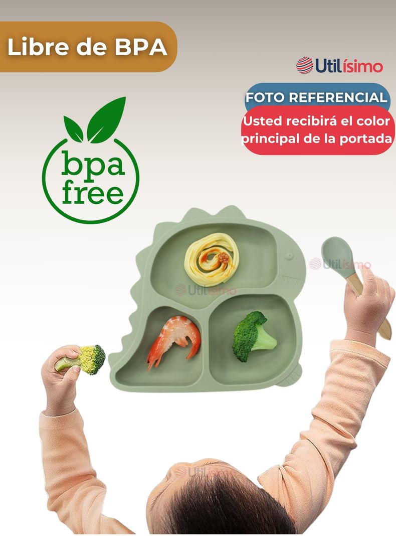 Set De Alimentación Bebé Silicona 5 Piezas Dinosaurio Libre BPA Beige-1