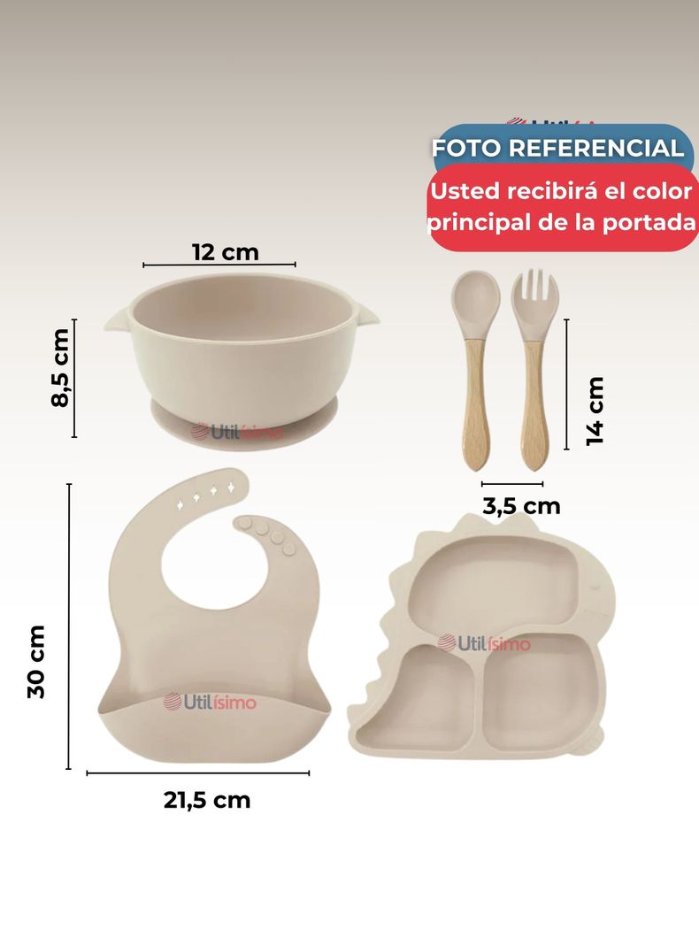 Set De Alimentación Bebé Silicona 5 Piezas Dinosaurio Libre BPA Beige-2