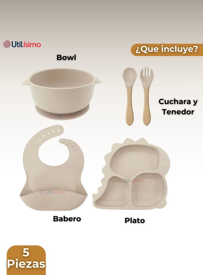 Set De Alimentación Bebé Silicona 5 Piezas Dinosaurio Libre BPA Beige-4