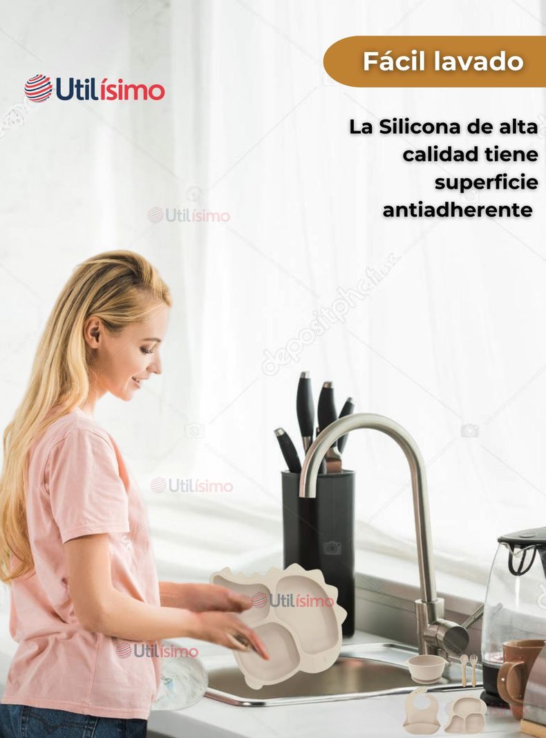 Set De Alimentación Bebé Silicona 5 Piezas Dinosaurio Libre BPA Beige-5