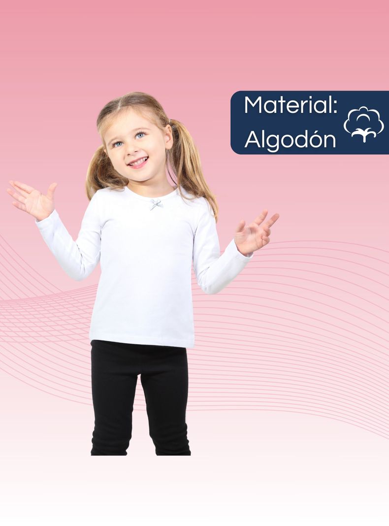 Pack 3 Camisetas Algodón Manga Larga Poleras Primera Capa Niña Cuello Redondo Blanca-3