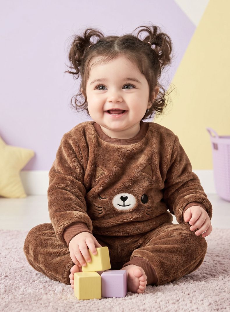 Conjunto Buzo Polerón Frizado 2 Piezas Bebe Niña Corderito Liso Brown Cat