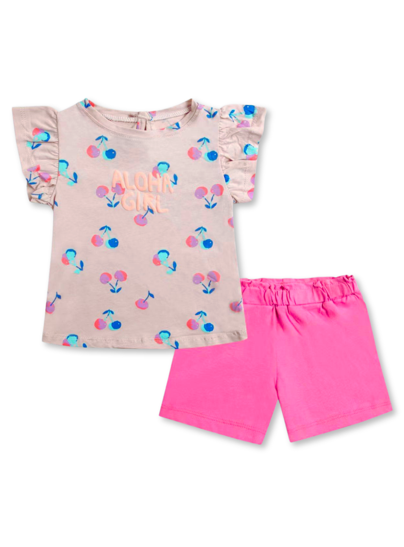 Set 2 Piezas Conjunto Polera y Short Nina Tedmimak Verano 100% Algodon Rosa Girl