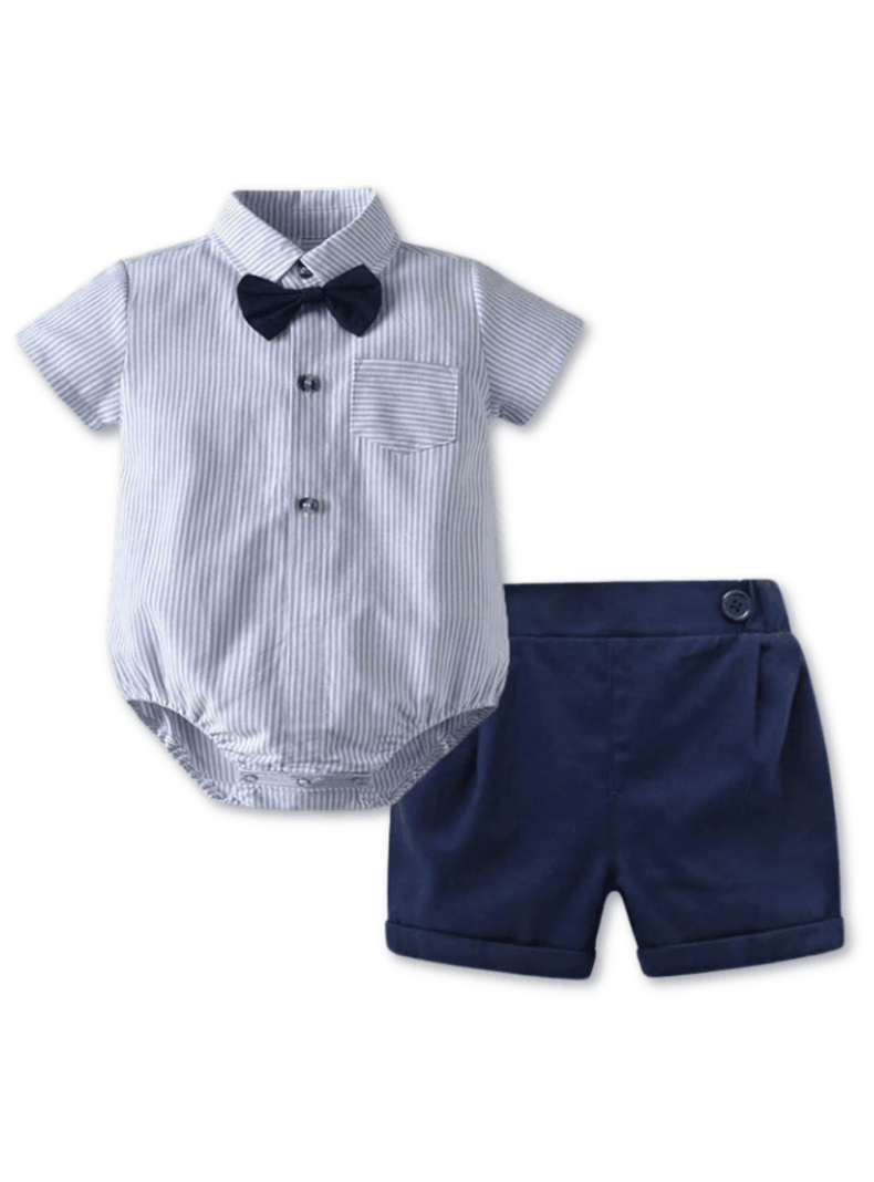 Conjunto de Vestir Niño Bebe Body Estilo Camisa y Pantalón Corto 6 a 24 Meses Rayas azules-0