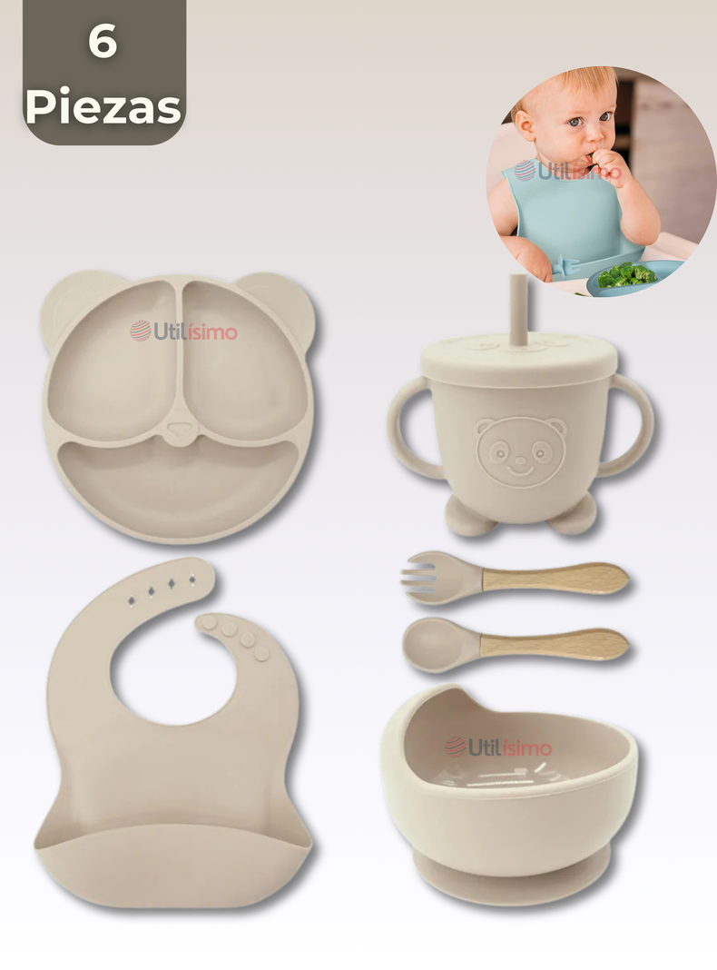 Set De Alimentación Bebé Silicona De Oso 6 Piezas Libre BPA Beige-0