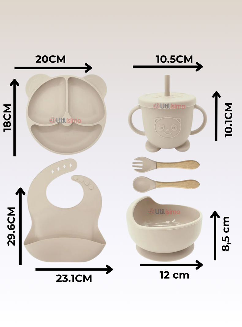 Set De Alimentación Bebé Silicona De Oso 6 Piezas Libre BPA Beige-1