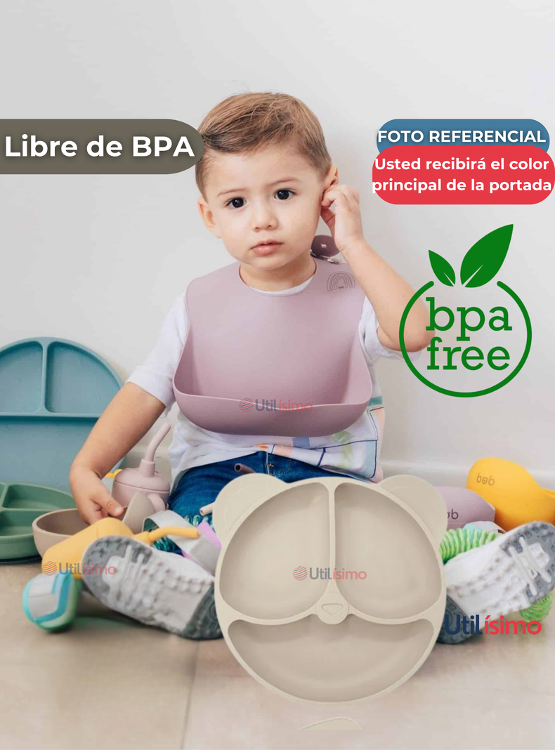 Set De Alimentación Bebé Silicona De Oso 6 Piezas Libre BPA Beige-2