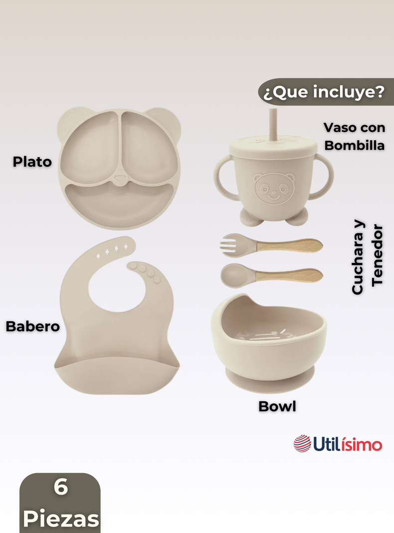 Set De Alimentación Bebé Silicona De Oso 6 Piezas Libre BPA Beige-5