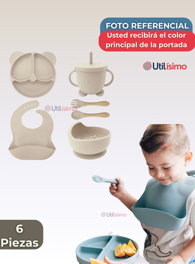 Set De Alimentación Bebé Silicona De Oso 6 Piezas Libre BPA Beige-6