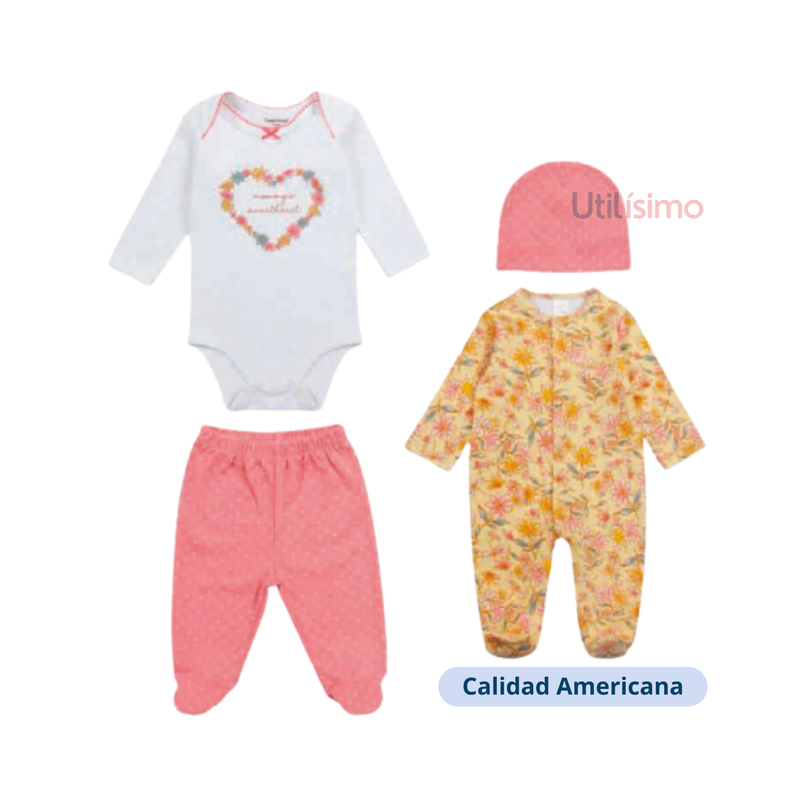 Set 4 Piezas Ajuar Niña Corazón Rosado Tedmimak 100% Algodón-0
