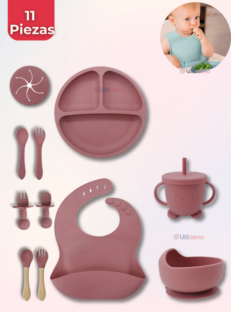 Set De Alimentación Bebé Silicona Con Vaso 11 Piezas Libre BPA Rosa Oscuro-0