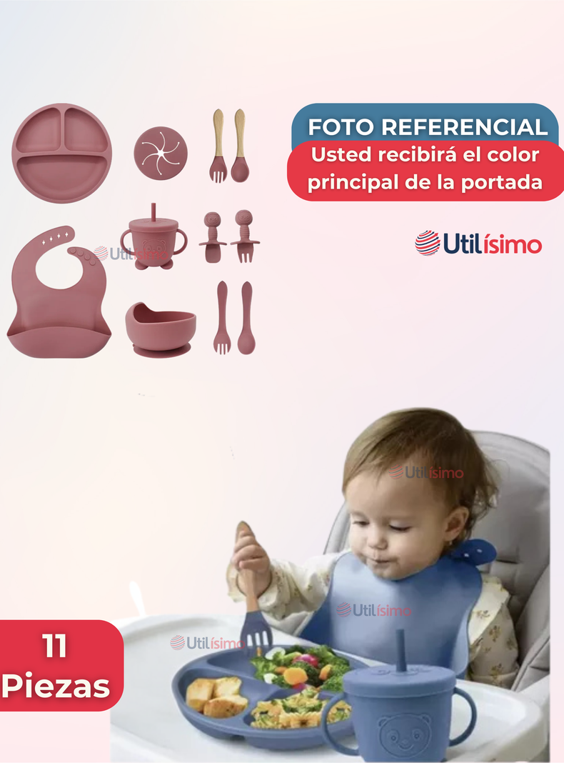 Set De Alimentación Bebé Silicona Con Vaso 11 Piezas Libre BPA Rosa Oscuro-5
