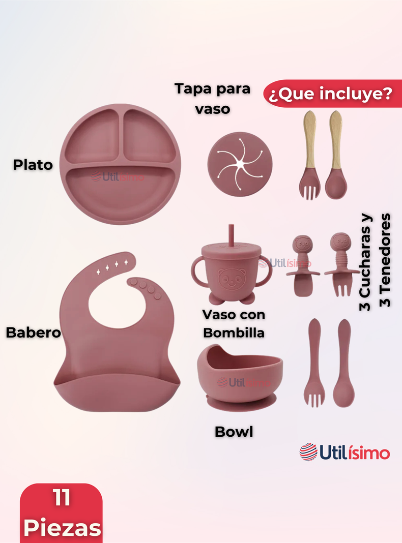 Set De Alimentación Bebé Silicona Con Vaso 11 Piezas Libre BPA Rosa Oscuro-6