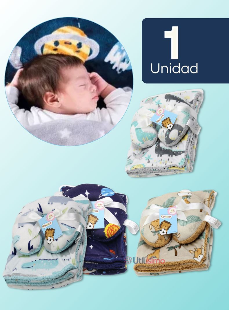 Set Manta Frazada Polar Para Bebé Niño + Cojín Para Cuello Surtidos-0