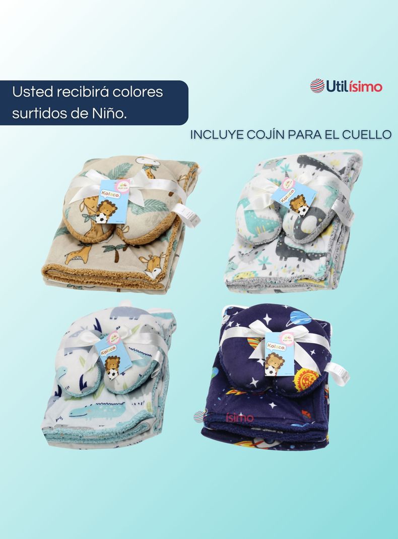 Set Manta Frazada Polar Para Bebé Niño + Cojín Para Cuello Surtidos-1