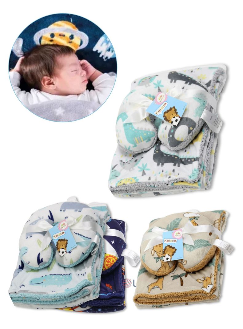 Set Manta Frazada Polar Para Bebé Niño + Cojín Para Cuello Surtidos-3