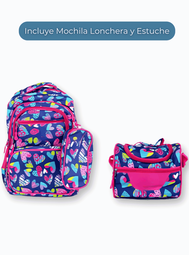 Mochila Con Lonchera Y Estuche 45CM Niña Full Color Hearts-2