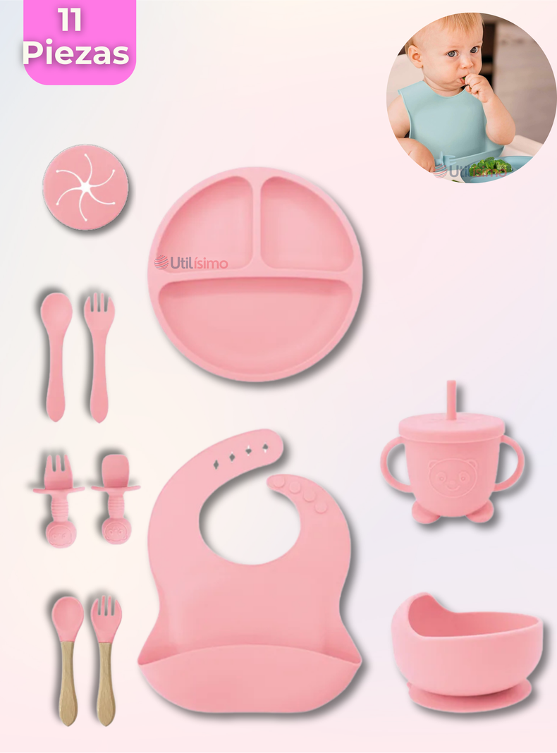 Set De Alimentación Bebé Silicona Con Vaso 11 Piezas Libre BPA Rosa Claro-0