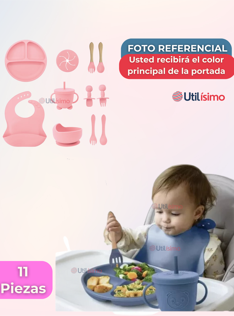 Set De Alimentación Bebé Silicona Con Vaso 11 Piezas Libre BPA Rosa Claro-5