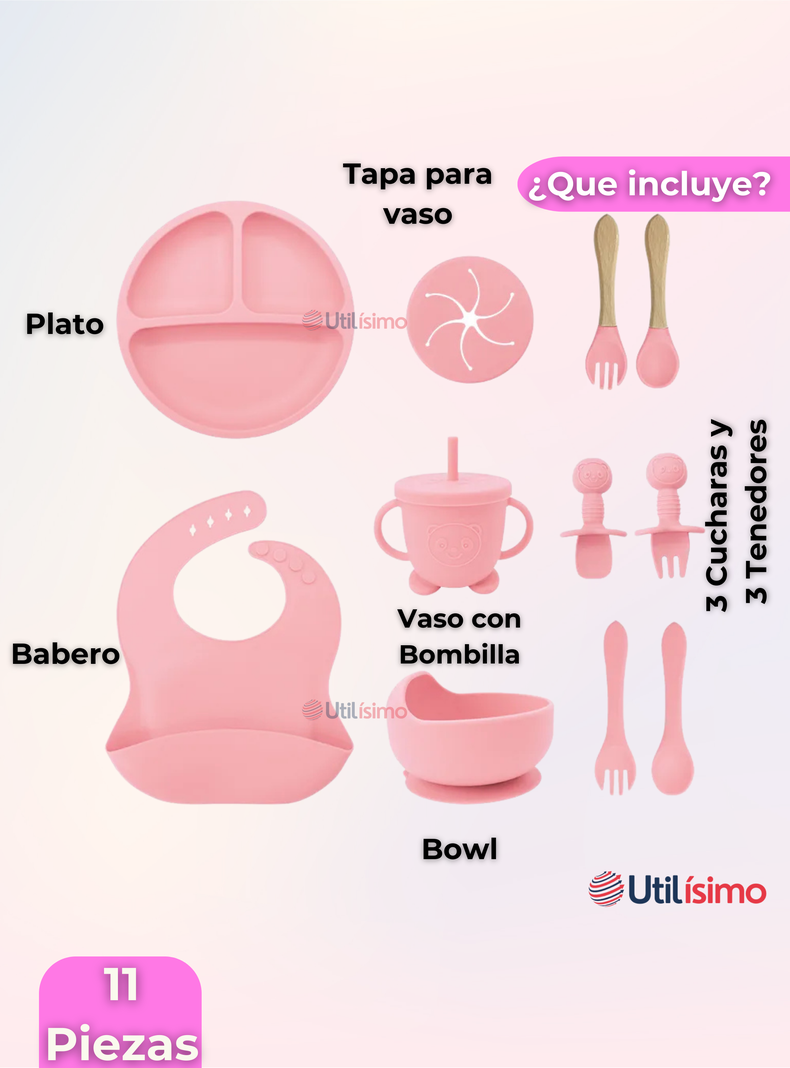 Set De Alimentación Bebé Silicona Con Vaso 11 Piezas Libre BPA Rosa Claro-6