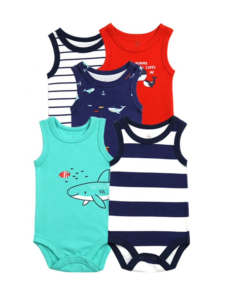 Pack 5 Bodies Sin Manga Corta Animales Marinos Tedmimak 100% Algodón Body Pilucho-0