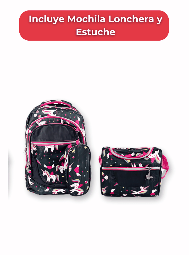 Mochila Con Lonchera Y Estuche 45CM Diseño Estampado Niña Unicorns-2