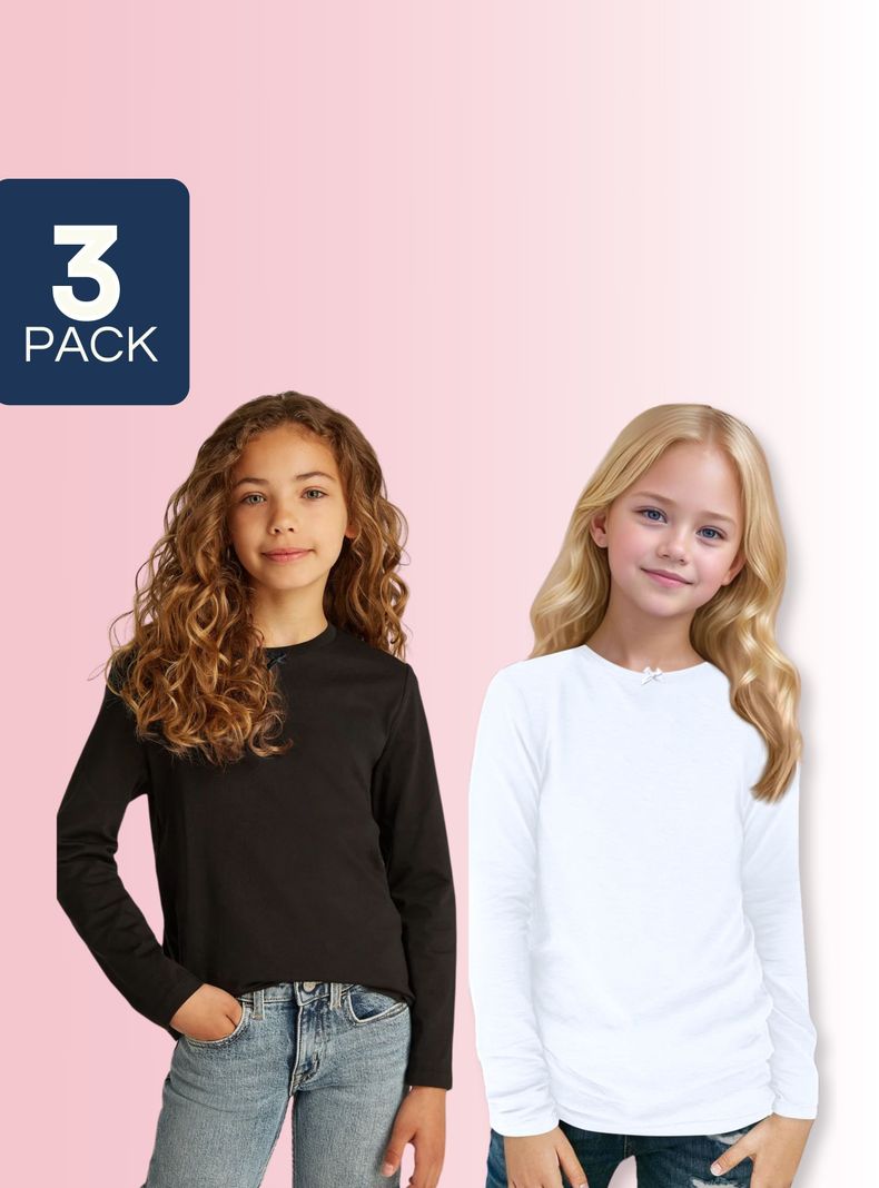Pack 3 Camisetas Algodón Manga Larga Poleras Niña Primera Capa Cuello Redondo Blanco Negra-0