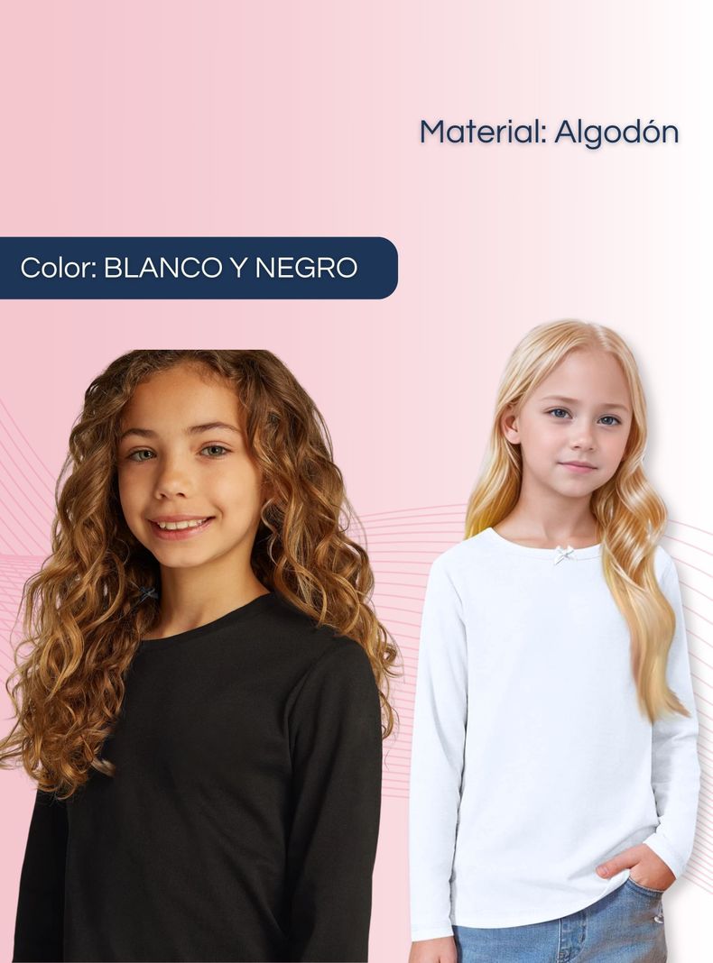 Pack 3 Camisetas Algodón Manga Larga Poleras Niña Primera Capa Cuello Redondo Blanco Negra-1