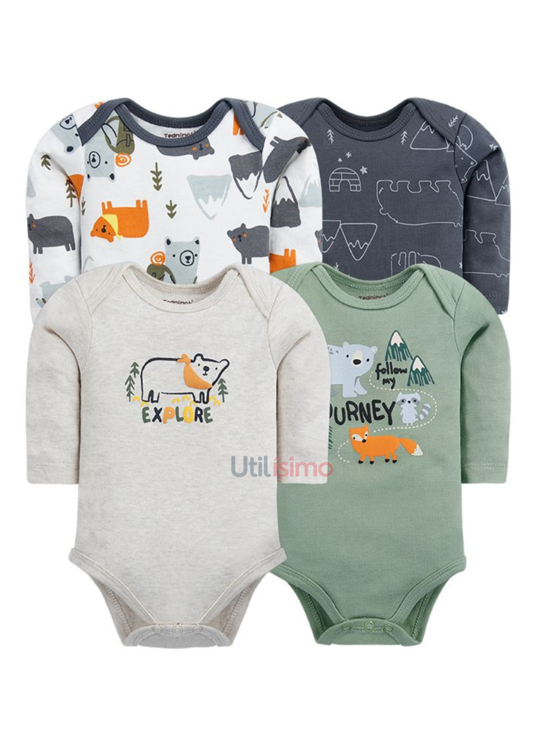 Pack 4 Bodys Tedmimak Nino Manga Larga Montana Gris 0 A 3 Meses